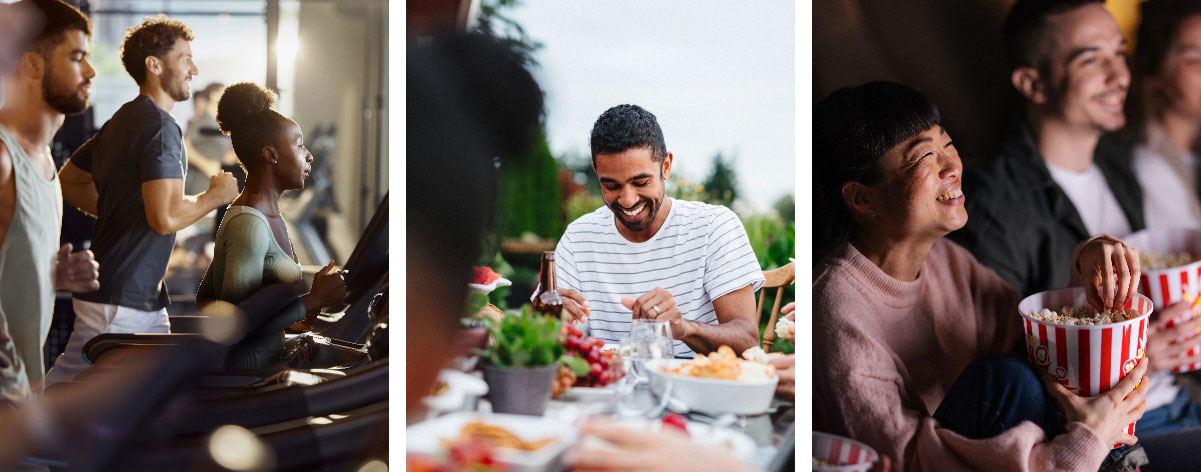 A triptych. The first photo is a side shot of three people running on a treadmill in a gym. The second photo is a man laughing as he eats food in a countryside setting. The third photo is a person eating popcorn and smiling while watching a screen.